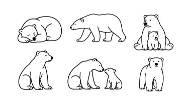 Beyaz kutup ayısı seti, siyah beyaz ikon temiz çizgi sanatı, karalama tarzı. Logo, dövme, uygulama, boyama kitabı, web tasarımı, bilgi grafikleri, afiş, poster ve daha fazlası için ideal. Vektör illüstrasyonu