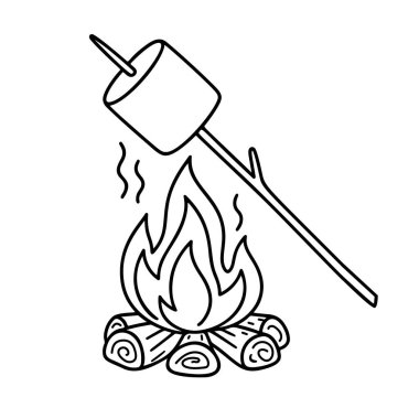 Kamp ateşinde kızartılmış şekerlemeler siyah-beyaz ikon temiz çizgi sanatı, karalama tarzı. Logo, dövme, uygulama, boyama kitabı, web tasarımı, bilgi grafikleri, afiş, poster ve daha fazlası için ideal. Vektör illüstrasyonu