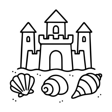 Kum Kalesi siyah-beyaz ikon temiz çizgi sanatı, karalama tarzı. Logo, dövme, uygulama, boyama kitabı, web tasarımı, bilgi grafikleri, afiş, poster ve daha fazlası için ideal. Vektör illüstrasyonu