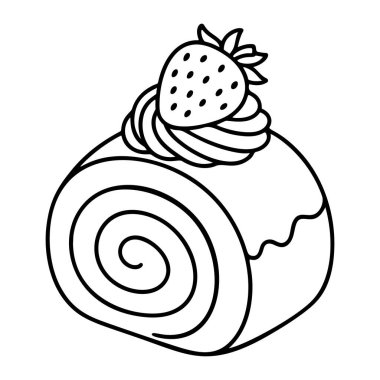 Çilekli, siyah-beyaz renkli, temiz çizgili, karalama tarzında İsviçre usulü kek. Logo, dövme, uygulama, boyama kitabı, web tasarımı, bilgi grafikleri, afiş, poster için ideal