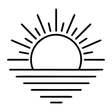 Gün batımı ya da gün doğumu siyah beyaz simge temiz çizgi sanatı, karalama tarzı. Logo, dövme, uygulama, boyama kitabı, web tasarımı, bilgi grafikleri, afiş, poster ve daha fazlası için ideal. Vektör illüstrasyonu