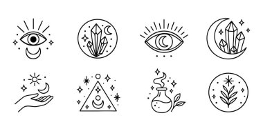 Mistik boho tarzı minimal çizgi resim seti. Siyah ve beyaz, temiz karalama stili. Logo, dövme, uygulama, boyama kitabı, web tasarımı, bilgi grafikleri, afiş, poster ve daha fazlası için ideal. Vektör illüstrasyonu