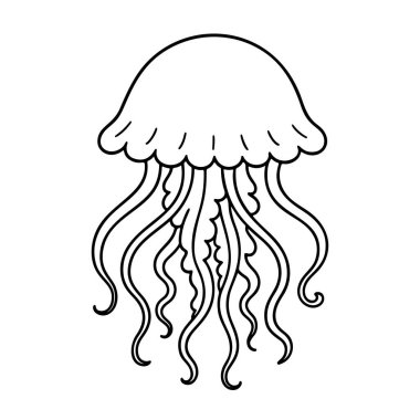 Denizanası siyah-beyaz ikon temiz çizgi sanatı, karalama tarzı. Logo, dövme, uygulama, boyama kitabı, web tasarımı, bilgi grafikleri, afiş, poster ve daha fazlası için ideal. Vektör illüstrasyonu