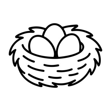 Yumurtalı kuş yuvası siyah beyaz ikon temiz çizgi sanatı, karalama stili. Aile amblemi. Logo, dövme, uygulama, boyama kitabı, web tasarımı, bilgi grafikleri, afiş, poster için ideal. Vektör illüstrasyonu
