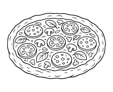 Siyah-beyaz pizza ikonu, temiz çizgi sanatı, karalama tarzı. İtalyan yemek amblemi. Logo, dövme, ağ ve uygulama için ideal. Vektör illüstrasyonu