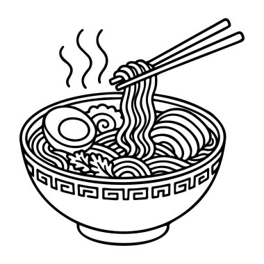 Ramen siyah beyaz ikon temiz çizgi sanatı, karalama stili. Erişteli ve soslu kase. Logo, dövme, uygulama, boyama kitabı, web tasarımı, bilgi grafikleri, afiş, poster için ideal. Vektör illüstrasyonu