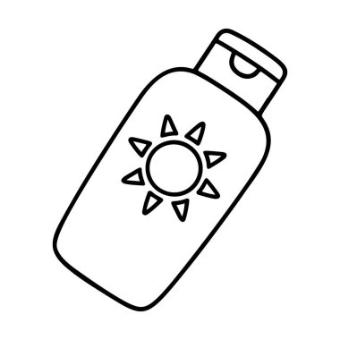 Güneş kremi tüpü, siyah-beyaz simge temiz çizgi sanatı, karalama tarzı. Plaj tatili. Logo, dövme, uygulama, boyama kitabı, web tasarımı, bilgi grafikleri, afiş, poster ve daha fazlası için ideal.
