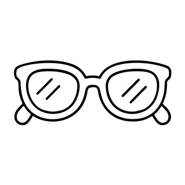 Güneş gözlüğü siyah beyaz ikon temiz çizgi sanatı, karalama tarzı. UV koruma gözlüğü. Logo, dövme, uygulama, boyama kitabı, web tasarımı, bilgi grafikleri, afiş, poster için ideal. Vektör illüstrasyonu