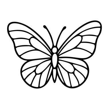 Kelebek siyah-beyaz ikon temiz çizgi sanatı, karalama tarzı. Logo, dövme, uygulama, boyama kitabı, web tasarımı, bilgi grafikleri, afiş, poster ve daha fazlası için ideal. Vektör illüstrasyonu
