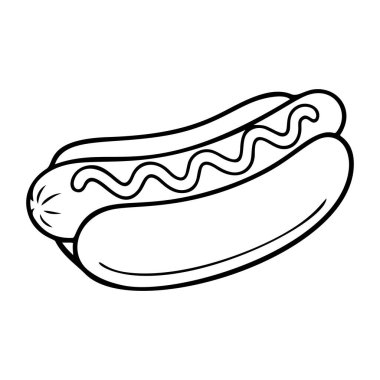 Siyah beyaz hardallı sosisli sandviç, temiz çizgi sanatı, karalama stili. Logo, dövme, uygulama, boyama kitabı, web tasarımı, bilgi grafikleri, afiş, poster ve daha fazlası için ideal. Vektör illüstrasyonu