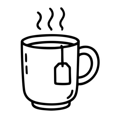 Bir fincan sıcak çay, siyah beyaz ikon, temiz çizgi sanatı, karalama tarzı. Logo, dövme, uygulama, boyama kitabı, web tasarımı, bilgi grafikleri, afiş, poster ve daha fazlası için ideal. Vektör illüstrasyonu
