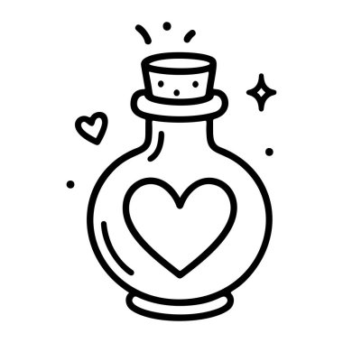 Aşk iksiri siyah-beyaz ikon temiz çizgi sanatı, karalama tarzı. Logo, dövme, uygulama, boyama kitabı, web tasarımı, bilgi grafikleri, afiş, poster ve daha fazlası için ideal. Vektör illüstrasyonu