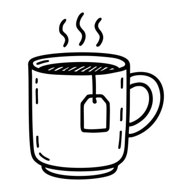 Bir fincan sıcak çay, siyah beyaz ikon, temiz çizgi sanatı, karalama tarzı. Logo, dövme, uygulama, boyama kitabı, web tasarımı, bilgi grafikleri, afiş, poster ve daha fazlası için ideal. Vektör illüstrasyonu