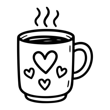 Siyah beyaz ikonlu kahve fincanı temiz çizgi sanatı, karalama stili. Logo, dövme, uygulama, boyama kitabı, web tasarımı, bilgi grafikleri, afiş, poster ve daha fazlası için ideal. Vektör illüstrasyonu