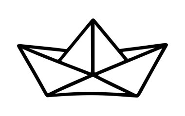 Origami kağıt teknesi siyah-beyaz ikon temiz çizgi sanatı, karalama tarzı. Logo, dövme, uygulama, boyama kitabı, web tasarımı, bilgi grafikleri, afiş, poster ve daha fazlası için ideal. Vektör illüstrasyonu