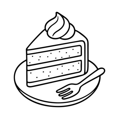 Kek dilimi, çatal siyah beyaz ikon temiz çizgi sanatı, karalama stili. Logo, dövme, uygulama, boyama kitabı, web tasarımı, bilgi grafikleri, afiş, poster ve daha fazlası için ideal. Vektör illüstrasyonu