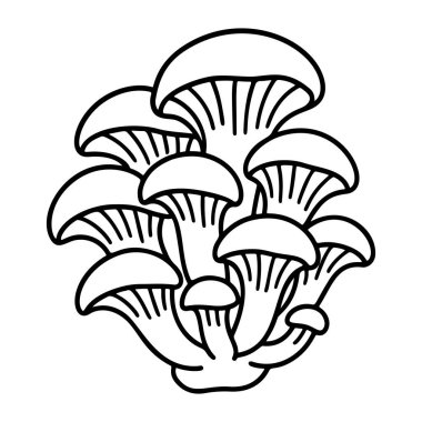 İstiridye mantarı siyah beyaz ikon temiz çizgi sanatı, karalama tarzı. Logo, dövme, uygulama, boyama kitabı, web tasarımı, bilgi grafikleri, afiş, poster ve daha fazlası için ideal. Vektör illüstrasyonu