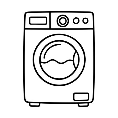 Çamaşır makinesi siyah-beyaz ikon temiz çizgi sanatı, karalama tarzı. Logo, dövme, uygulama, boyama kitabı, web tasarımı, bilgi grafikleri, afiş, poster ve daha fazlası için ideal. Vektör illüstrasyonu
