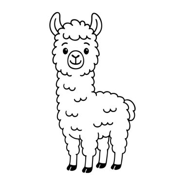 Şirin alpaka ya da lama siyah beyaz ikon temiz çizgi sanatı, karalama tarzı. Logo, dövme, uygulama, boyama kitabı, web tasarımı, bilgi grafikleri, afiş, poster ve daha fazlası için ideal. Vektör illüstrasyonu