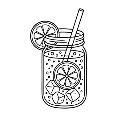 Limonata kavanozunda limon ve saman siyah beyaz simge temiz çizgi sanatı, karalama stili. Logo, dövme, uygulama, boyama kitabı, web tasarımı, bilgi grafikleri, afiş, poster ve daha fazlası için ideal. Vektör illüstrasyonu