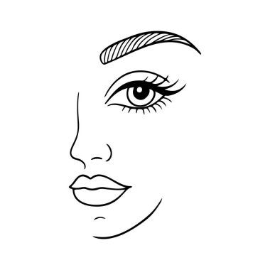 Kadın yüzü siyah beyaz ikon temiz çizgi sanatı, karalama stili. Logo, dövme, uygulama, boyama kitabı, web tasarımı, bilgi grafikleri, afiş, poster ve daha fazlası için ideal. Vektör illüstrasyonu