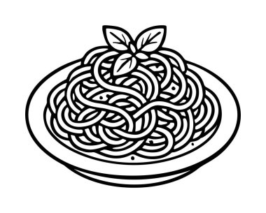 Fesleğen kabartmalı makarna. Simge çizgisi, siyah beyaz karalama tarzı. Logo, dövme, uygulama, boyama kitabı, web tasarımı, bilgi grafikleri, afiş, poster ve daha fazlası için ideal. Vektör illüstrasyonu