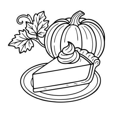 Balkabağı turtası ikon çizgisi sanatı, siyah ve beyaz karalama tarzı. Logo, dövme, uygulama, boyama kitabı, web tasarımı, bilgi grafikleri, afiş, poster ve daha fazlası için ideal. Vektör illüstrasyonu