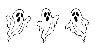 Üç hayalet ikon çizgisi sanatı, siyah ve beyaz karalama stili. Logo, dövme, uygulama, boyama kitabı, web tasarımı, bilgi grafikleri, afiş, poster ve daha fazlası için ideal. Vektör illüstrasyonu