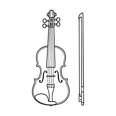 Keman ve yay ikon çizgisi sanatı, siyah ve beyaz karalama tarzı. Logo, dövme, uygulama, boyama kitabı, web tasarımı, bilgi grafikleri, afiş, poster ve daha fazlası için ideal. Vektör illüstrasyonu