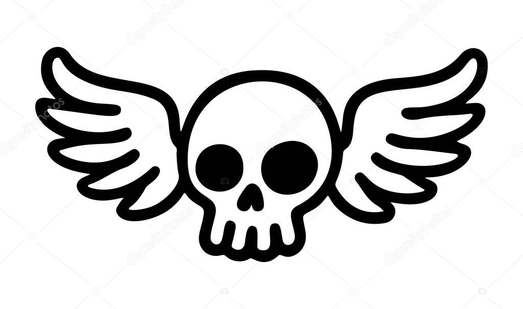 Skull with wings outline icon line art, black and white doodle style. Ideal for logo, tattoo, app, coloring book, web design, infographics, banner, poster, and more. Vector illustration