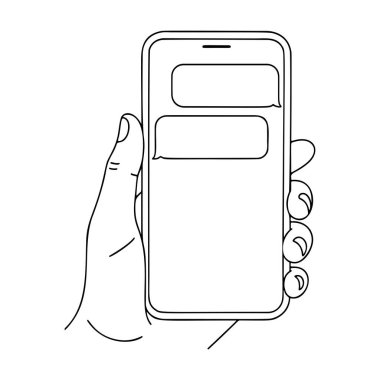 El ele tutuşan akıllı telefon taslak resim çizgisi, siyah beyaz karalama tarzı. Logo, dövme, uygulama, boyama kitabı, web tasarımı, bilgi grafikleri, afiş, poster ve daha fazlası için ideal. Vektör illüstrasyonu