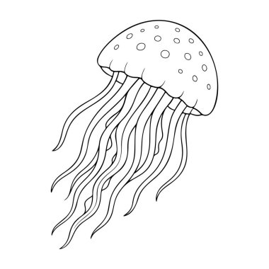 Denizanası ana hatları simge çizgisi, siyah ve beyaz karalama tarzı. Logo, dövme, uygulama, boyama kitabı, web tasarımı, bilgi grafikleri, afiş, poster ve daha fazlası için ideal. Vektör illüstrasyonu