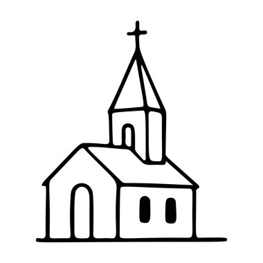 Kilise ikon çizgisi sanatı, siyah beyaz karalama tarzı. Logo, dövme, uygulama, boyama kitabı, web tasarımı, bilgi grafikleri, afiş, poster ve daha fazlası için ideal. Vektör illüstrasyonu