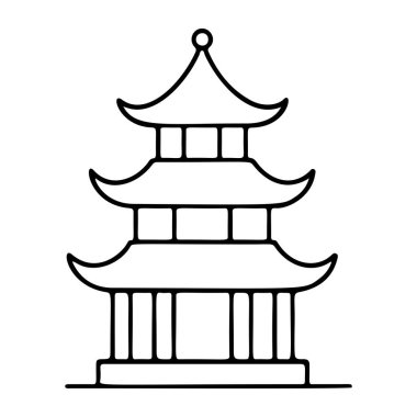 Pagoda ikon çizgisi sanatı, siyah ve beyaz karalama tarzı. Logo, dövme, uygulama, boyama kitabı, web tasarımı, bilgi grafikleri, afiş, poster ve daha fazlası için ideal. Vektör illüstrasyonu