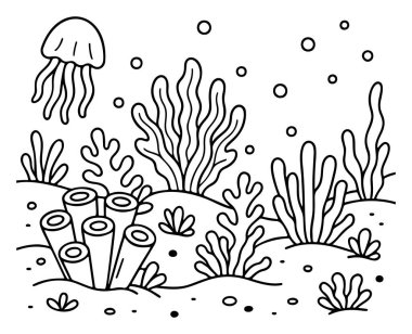 Deniz tabanlı ikon çizgisi, sualtı dünyası, siyah beyaz karalama tarzı. Logo, dövme, uygulama, boyama kitabı, web tasarımı, bilgi grafikleri, afiş, poster ve daha fazlası için ideal. Vektör illüstrasyonu