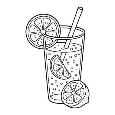 Limonlu bir bardak limonata ve dilimle saman. Simge çizgisi sanatı, siyah beyaz karalama stili. Logo, dövme, uygulama, boyama kitabı, tasarım, bilgi grafikleri, afiş, poster için ideal