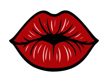 Kırmızı büzüşmüş parlak dudaklar hava öpücüğü veriyor. Logo, dövme, uygulama, boyama kitabı, web tasarımı, bilgi grafikleri, afiş, poster için ideal