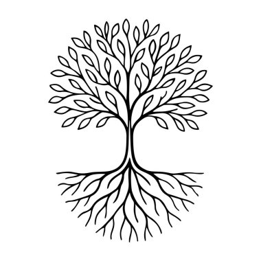 Yaprakları ve kökleri olan ağaç simge çizgisi sanatı, siyah ve beyaz karalama tarzı. Logo, dövme, uygulama, boyama kitabı, web tasarımı, bilgi grafikleri, afiş, poster için ideal. Vektör illüstrasyonu