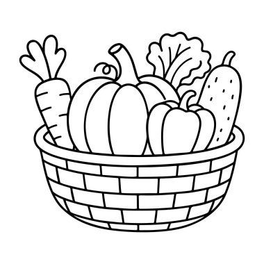 Basket filled with vegetables Doodle style. Hand drawn black and white isolated icon. Coloring page, art therapy, line art, logotype. Vector illustration