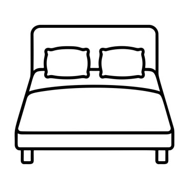 Bed with mattress and pillows Outline. Doodle style. Hand drawn black and white isolated icon. Coloring page, art therapy, line art, logotype. Vector illustration