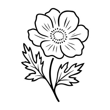 Anemone flower Doodle style. Hand drawn black and white isolated icon. Coloring page, art therapy, line art, logotype. Vector illustration