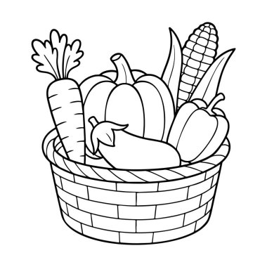 Basket filled with vegetables Doodle style. Hand drawn black and white isolated icon. Coloring page, art therapy, line art, logotype. Vector illustration