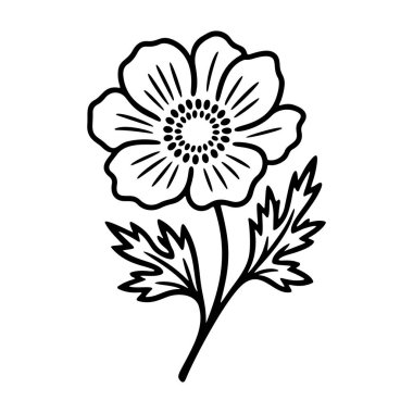 Anemone flower Doodle style. Hand drawn black and white isolated icon. Coloring page, art therapy, line art, logotype. Vector illustration
