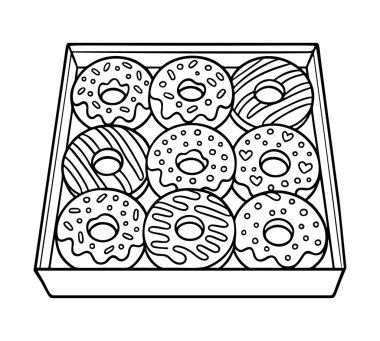 Box of donuts outline icon, Doodle style. Hand drawn black and white isolated icon. Coloring page, art therapy, line art, logotype. Vector illustration