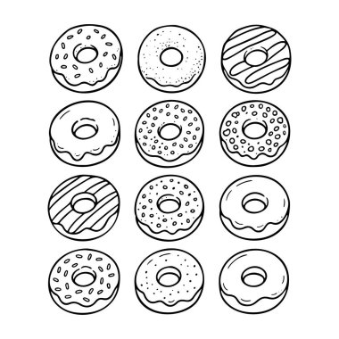 Glazed donuts outline icon, Doodle style. Hand drawn black and white isolated icon. Coloring page, art therapy, line art, logotype. Vector illustration