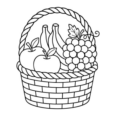 fruit basket Doodle style. apples, bananas, grapes. Hand drawn black and white isolated icon. Coloring page, art therapy, line art, logotype. Vector illustration