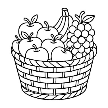 fruit basket Doodle style. apples, bananas, grapes. Hand drawn black and white isolated icon. Coloring page, art therapy, line art, logotype. Vector illustration