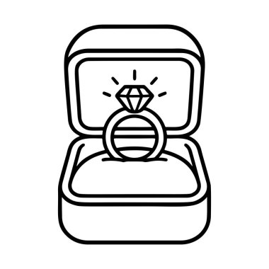 Engagement ring with diamond in gift box. Doodle style. Hand drawn black and white isolated icon. Coloring page, art therapy, line art, logotype Love, proposal, wedding. Vector illustration