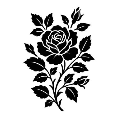 Rose silhouette on transparent background, flower with buds and leaves . Vector illustration