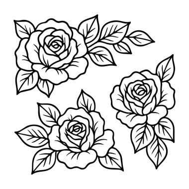 Rose flowers with leaves. Botanical element. Doodle style. Hand drawn black and white isolated icon. Coloring page, art therapy, line art, logotype Beautiful flower. Vector illustration